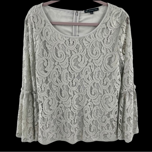 Adrianna Papell Tops - Adrianna Papell Boho Grey Lace Peplum Bell Sleeve Zip BackBlouse Top Biz Casual